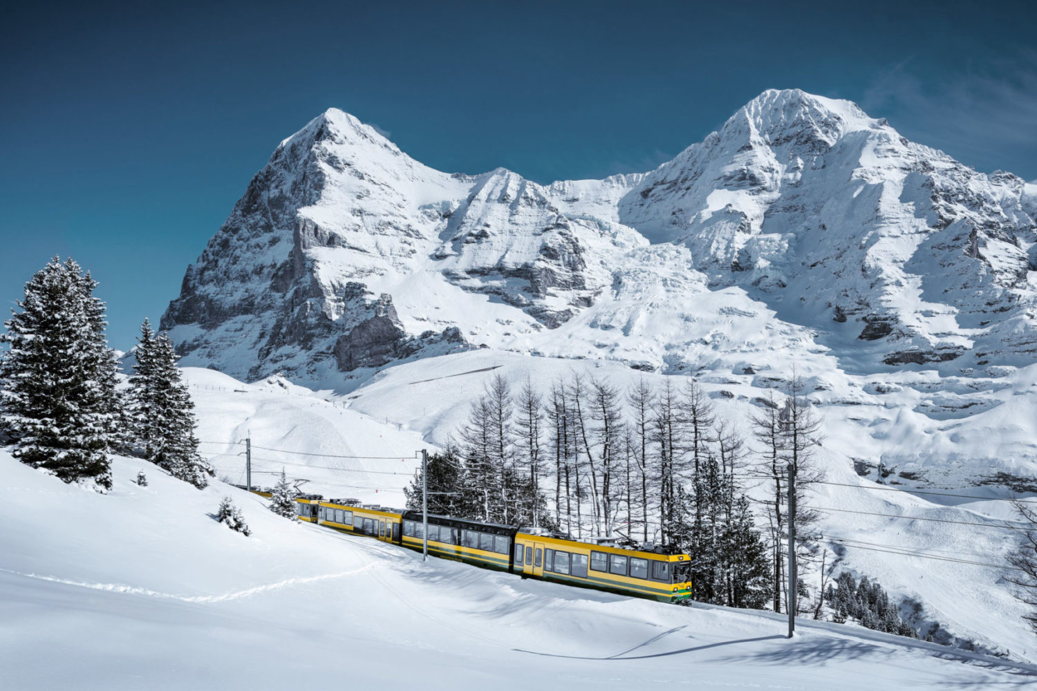 Winter treinreis met de Wengernalpbahn onderweg nar de Jungfrau met uitzicht op Eiger